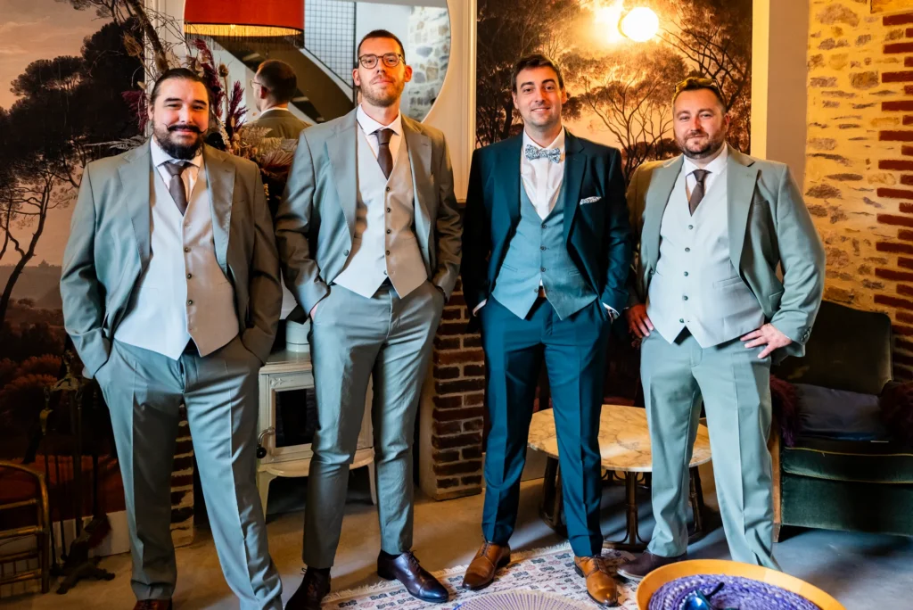 Portrait du marié et de ses trois garçons d'honneur en costumes bleu et gris dans la suite du Haras du Reuzel, mariage près de Rennes.